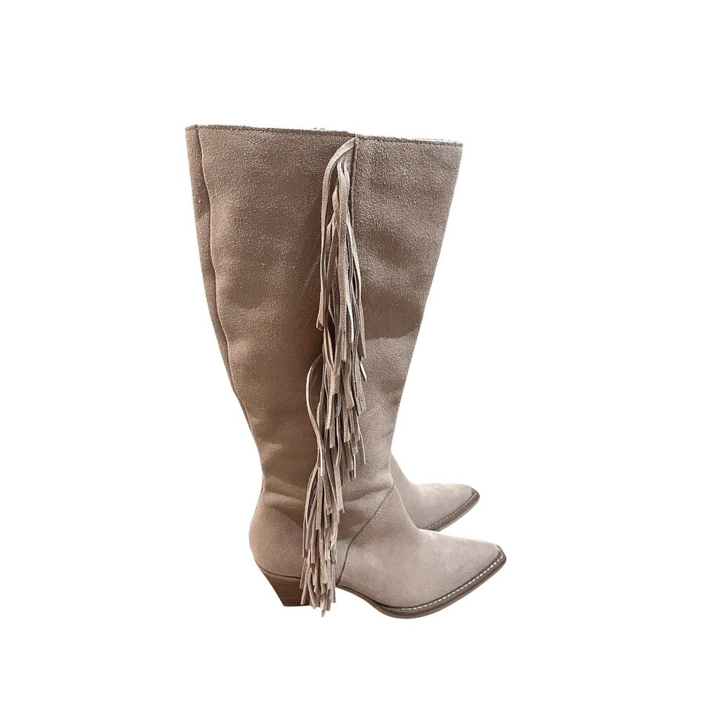 Dolce Vita Boots Womens Size 7.5 Beige Suede Fringe Knee High Pointed Toe - Picture 2 of 8